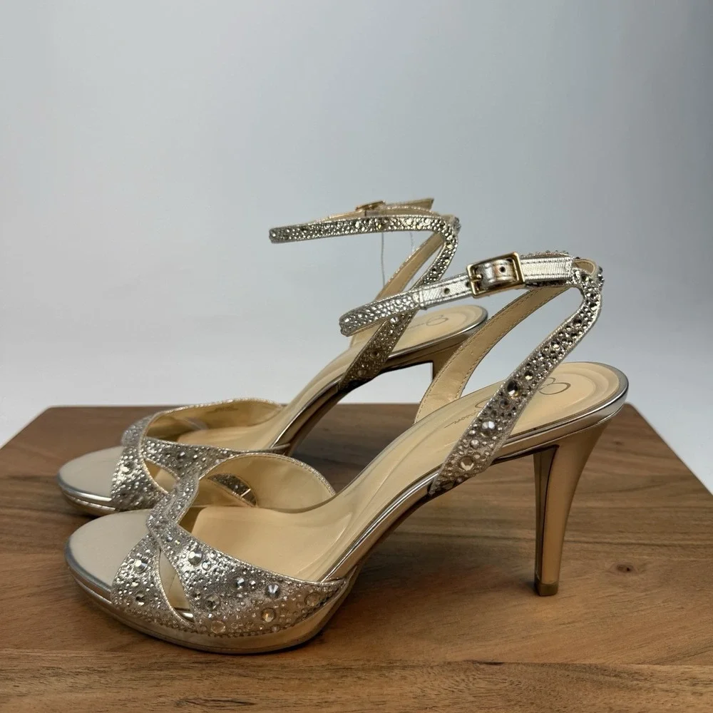 New Womens Jessica‎ Simpson Jarilyn Gold Rhinestone Heel Sandals Size 9 M